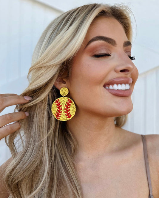 Round Beaded Softball Yellow/Red Earrings